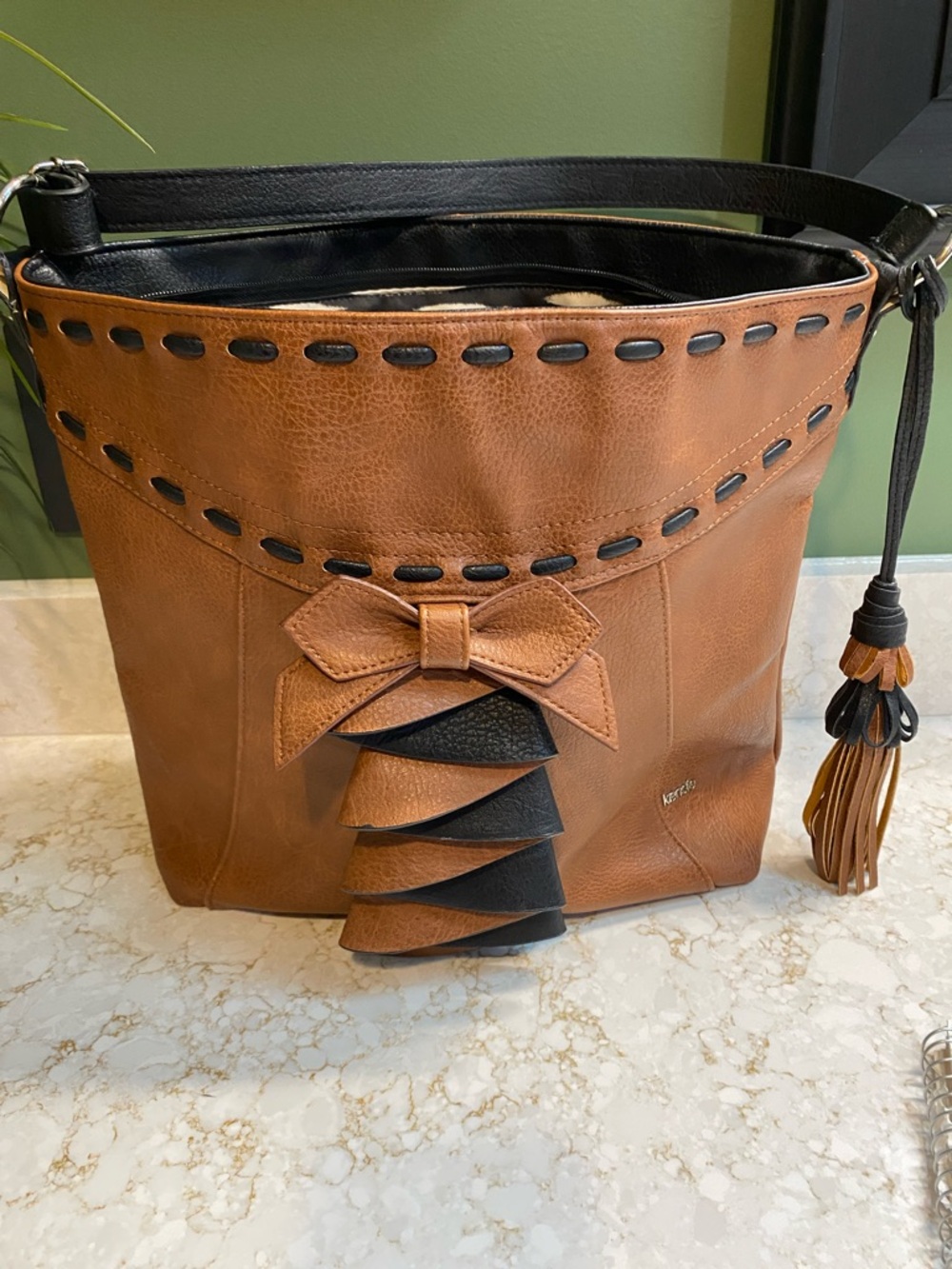 Kensie Brown Shoulder Bag with Black Trim and Tassel